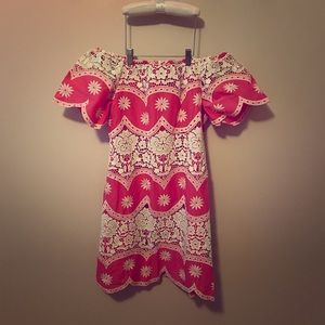 Pink & Lace Scalloped Off-the-Shoulder Dress